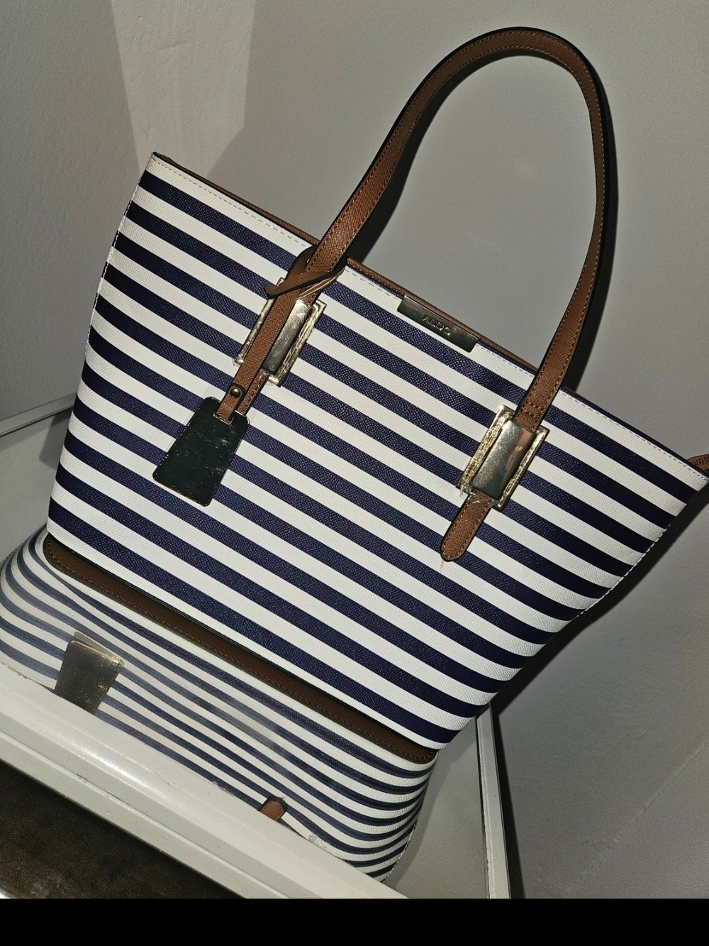 Striped Navy and White Tote with Brown Trim